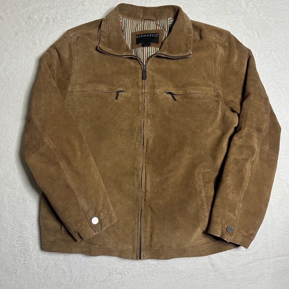 Bernardo Mens Brown Suede Full Zip Jacket Striped Quilted Lining Size Large